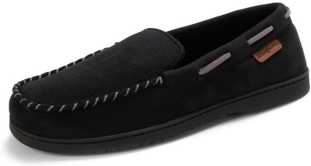 

Мужские тапочки Dearfoams Keaton с амортизирующей стелькой из пены с эффектом памяти для дома и улицы, широкий размер, черный