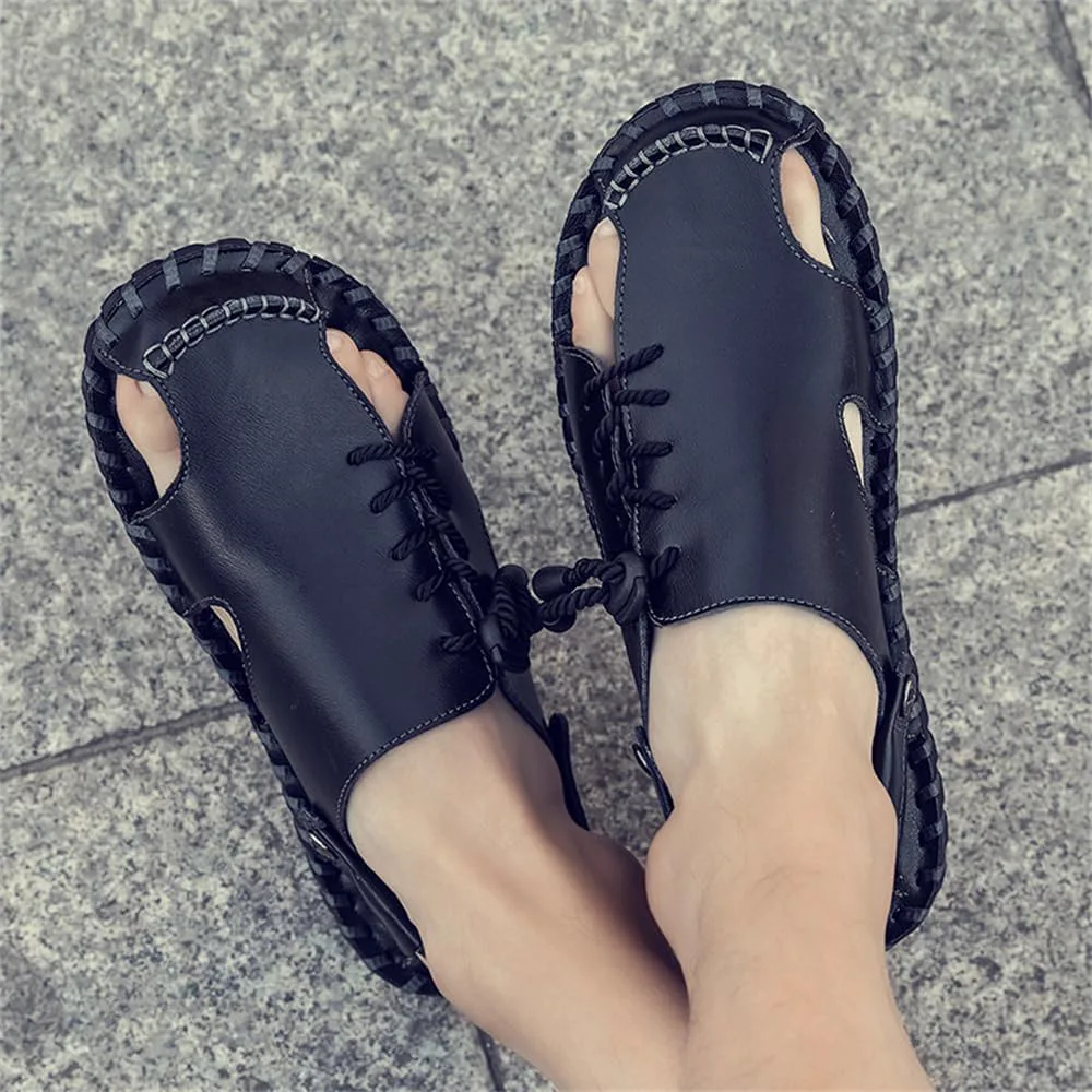 Men's Summer Handmade Leather Сандалии Casual Closed Toe Beach Fisherman Shoes Outdoor Sports Сандалии Abborora, черный — фото 2