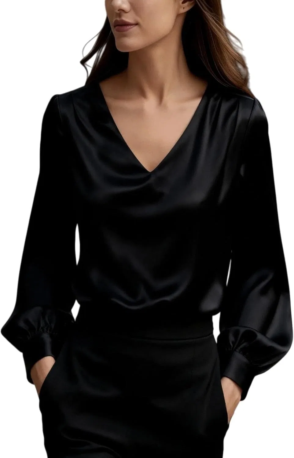 Блуза сатиновая, женская, Button-down shirt, черный