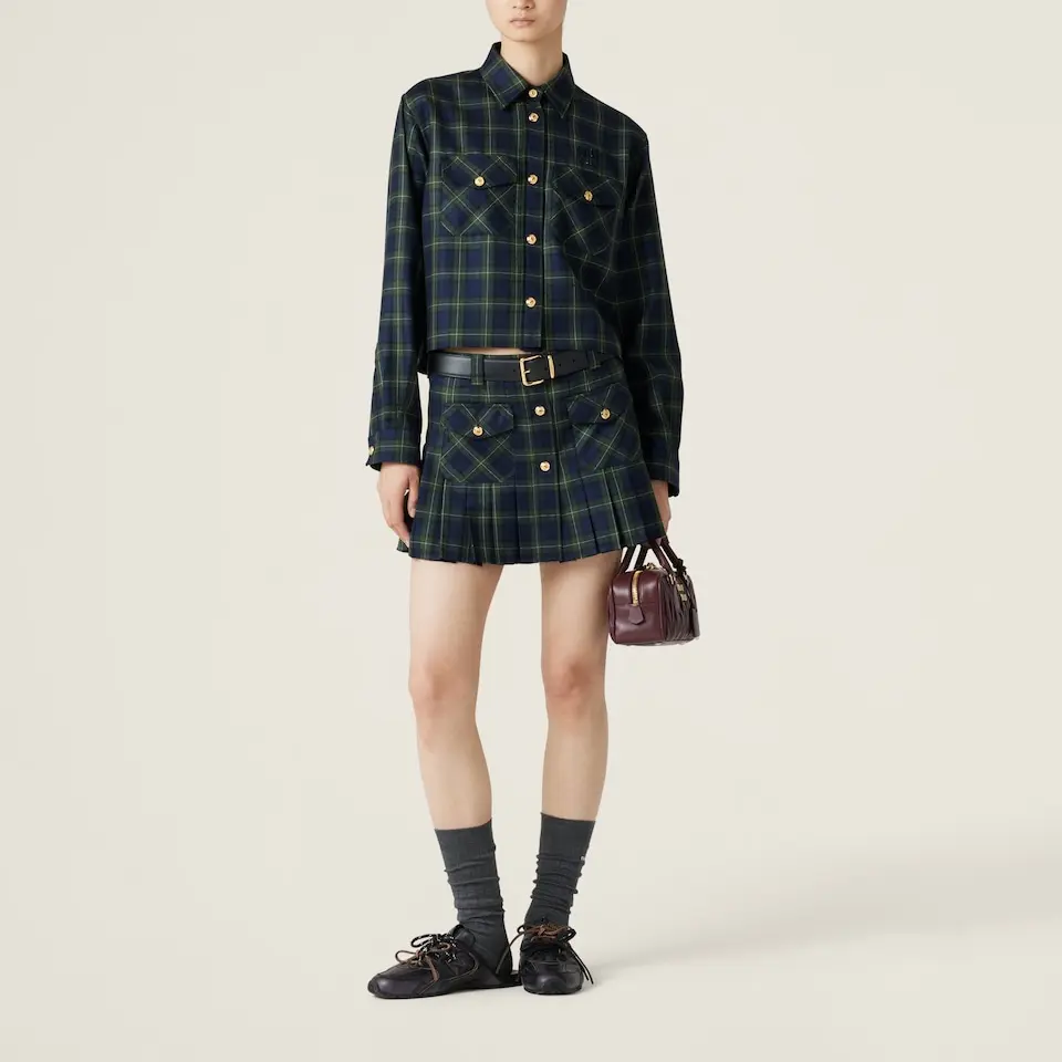Складчатая тартановая мини-юбка MIU MIU, зеленый — фото 4