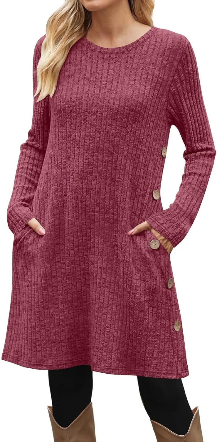 Женское платье-свитер с длинным рукавом и воротником-гольф, на пуговицах, с карманами, из мягкой ребристой трикотажной ткани Generic, красный — фото 3