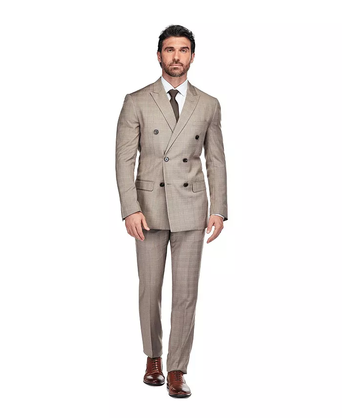

Мужской коричневый клетчатый двубортный костюм 2 предмета Slim Fit Gino Vitale