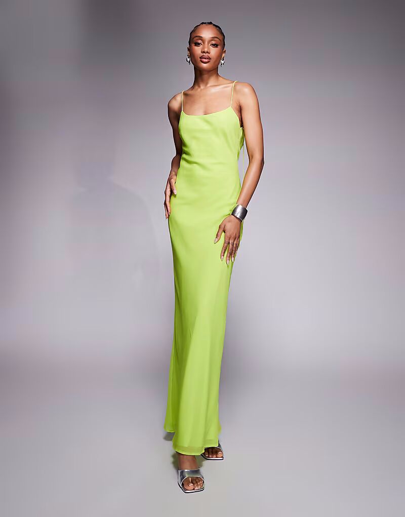 

Платье миди с зауженными бретелями и воротником-стойкой, лаймового цвета Asos Tall