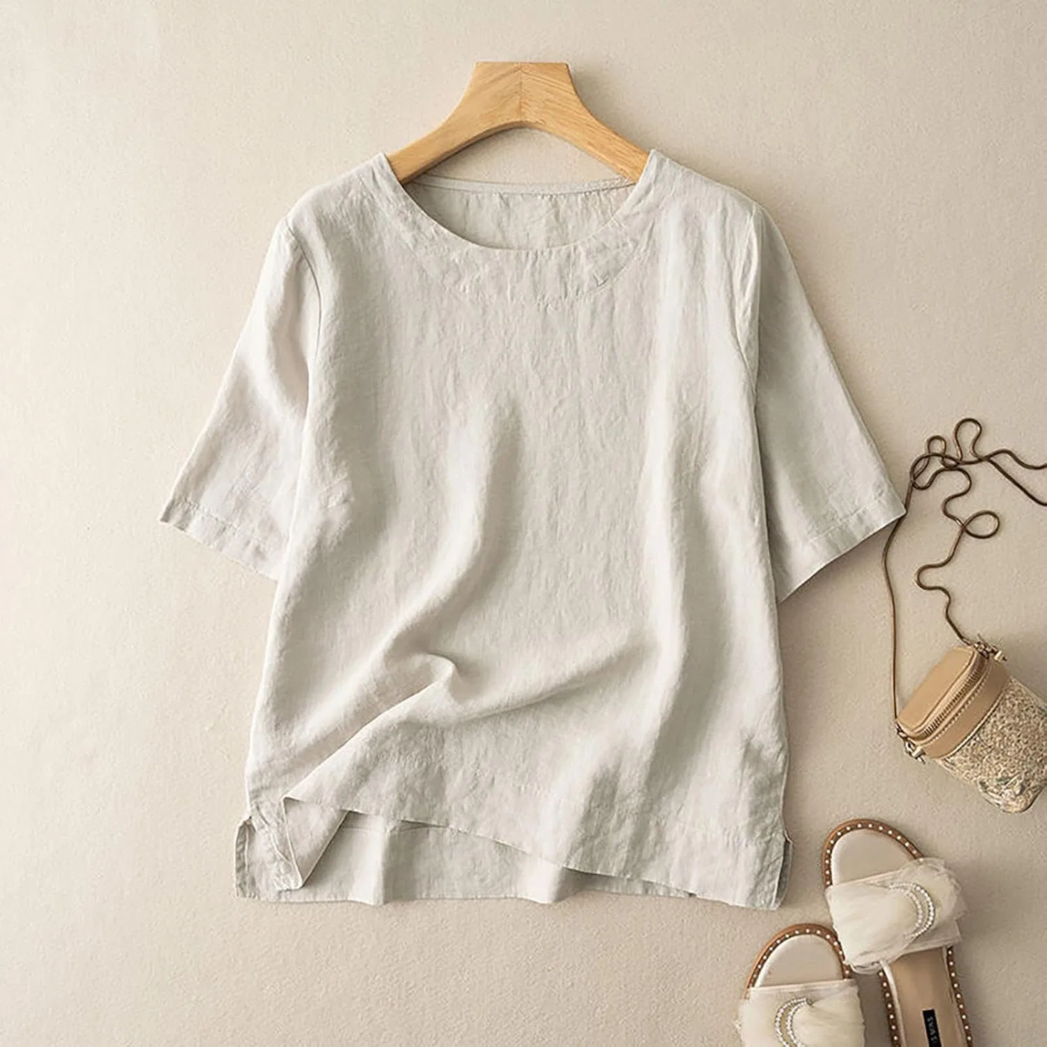 Футболка из хлопка и льна, женская, Oversize, бежевая — фото 2