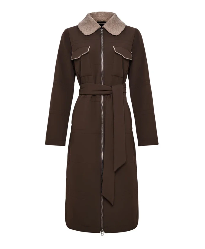 

Длинное пальто с поясом и воротником из овчины. Cesare Gaspari, коричневый