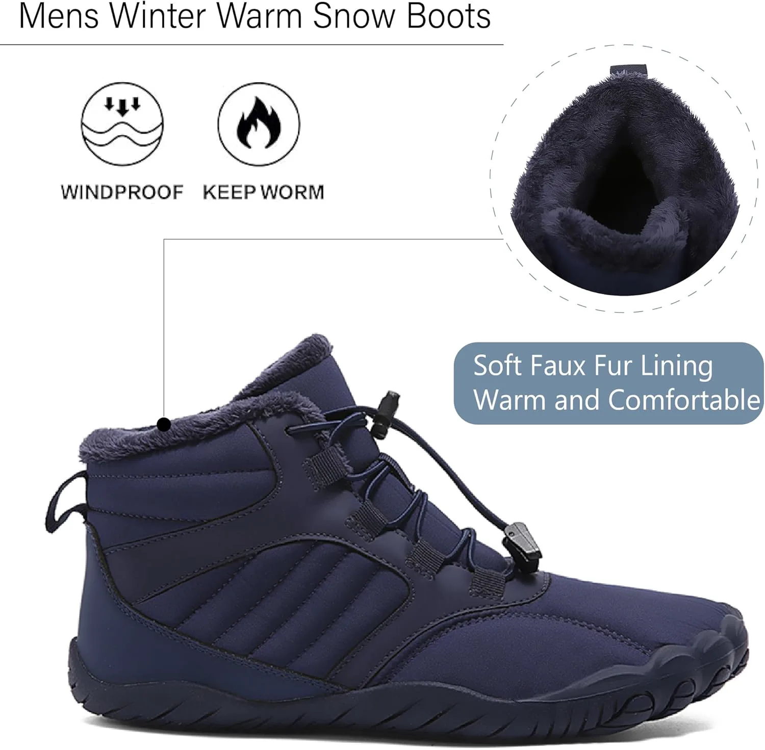 Зимние теплые ботинки Asifn Mens Barefoot с меховой подкладкой для походов, минималистичные, водонепроницаемые, противоскользящие хлопковые обувь, темно-синий — фото 2
