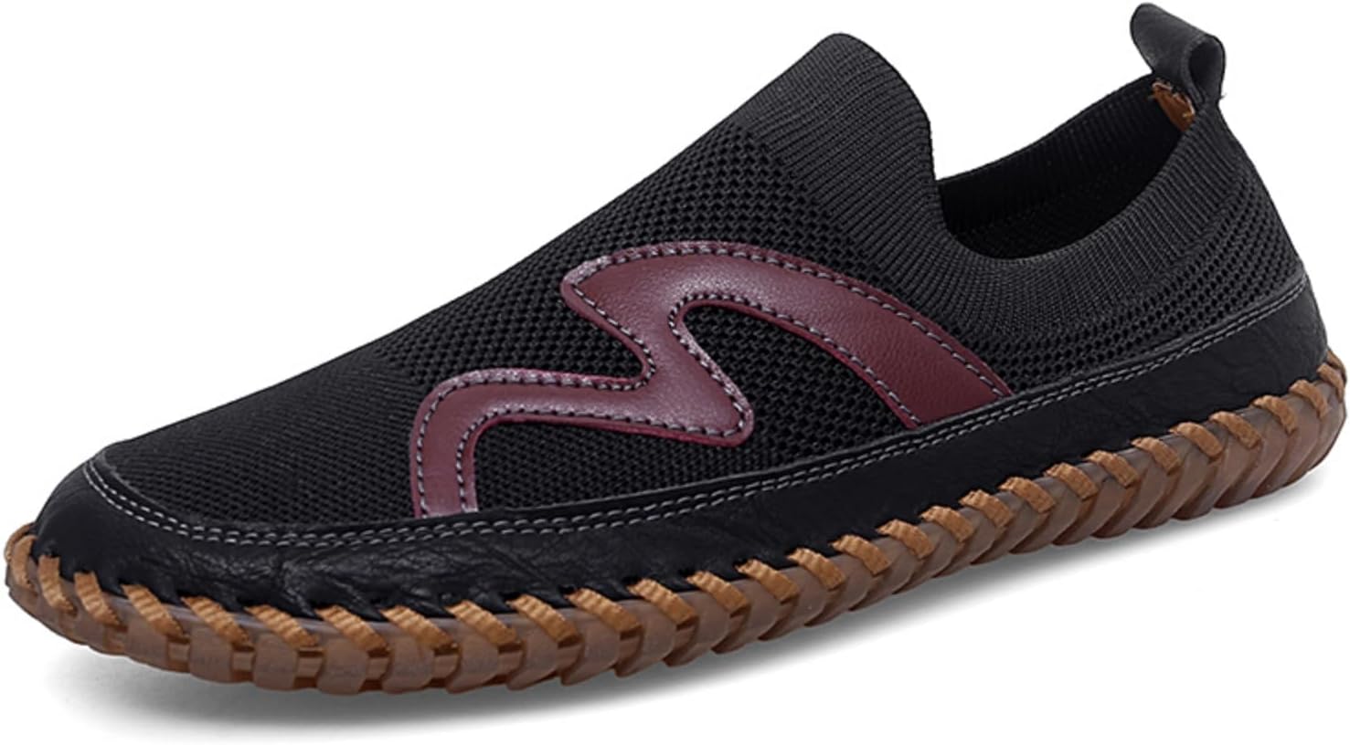 

Мужские дышащие повседневные слипоны из вязаной сетки с противоскользящей резиновой подошвой, текстурой плетения и бордовыми кожаными вставками для ежедневного комфорта Kelibasi