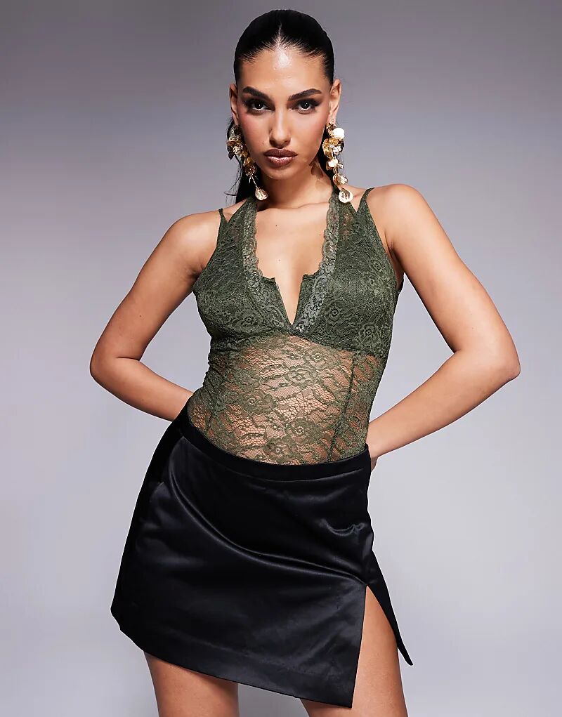 

Боди на бретельках из многослойного кружева цвета хаки ASOS DESIGN