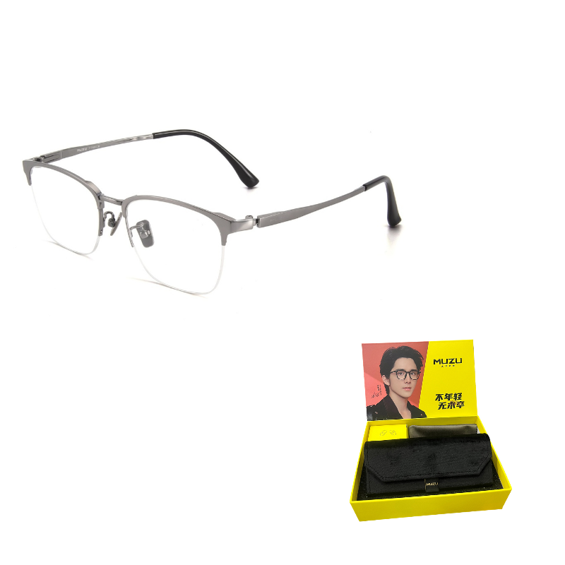 

MUZU Титановая оправа для очков в стиле бровей унисекс, Mirror Finish Gray/Silver-C02 & Plano Blue Light Blocking Non-Prescription Lens