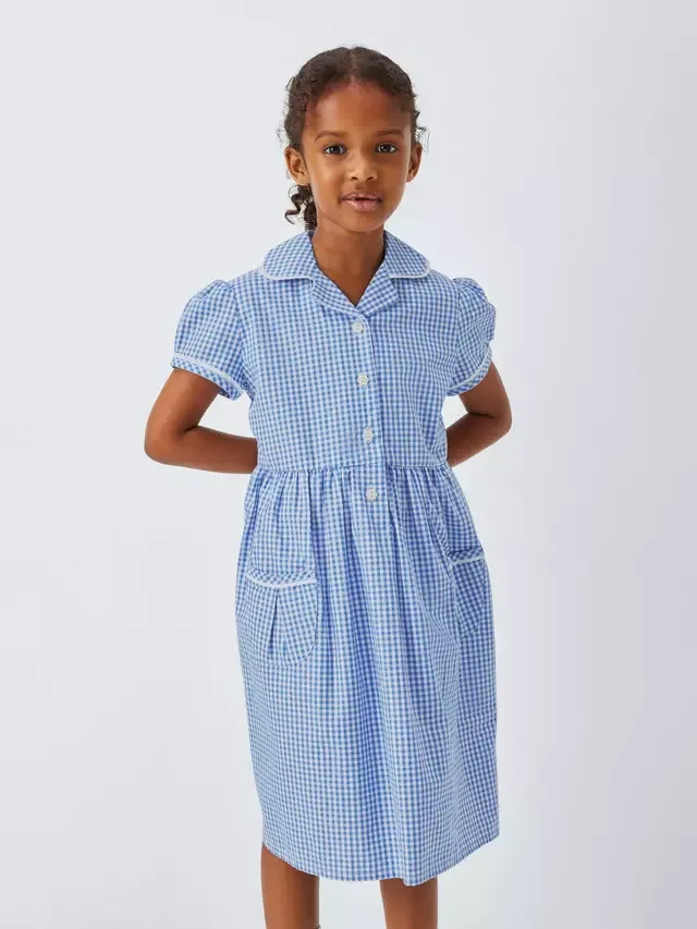 Летнее школьное платье из хлопка в клетку для девочек John Lewis, Blue