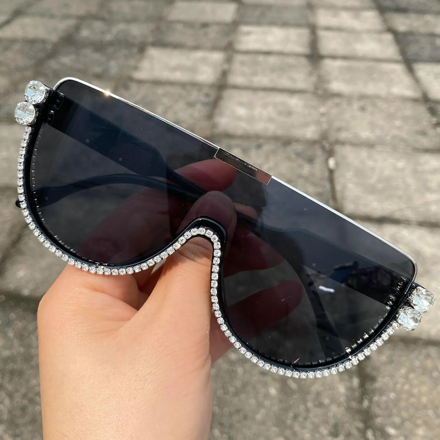 

Роскошные дизайнерские солнцезащитные очки в полуободковой оправе с крупными стразами для женщин и мужчин. Модные солнцезащитные очки в цельной оправе mincl, Black