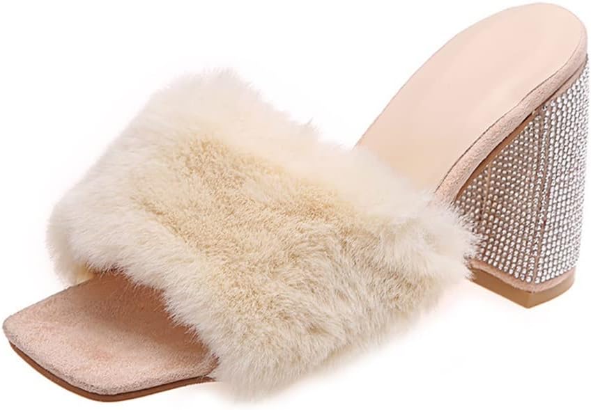 HOTRA Women Fluffy Chunky Heel Slippers with Rhinestone Open Toe Slip On Сандалии Shoes (Color : Rose Red, Size : 12 US), бежевый
