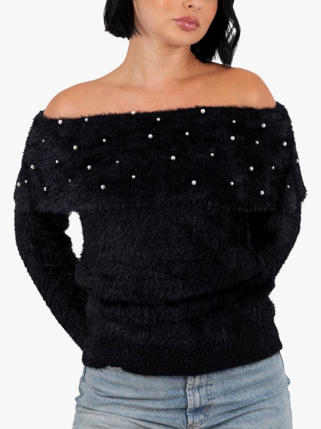 

Джемпер бардо с деталями из искусственного жемчуга Lovedrobe, Black