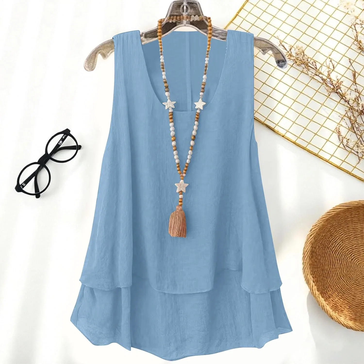 Женский топ-майка из льна и хлопка, двойной слой, light Blue — фото 2