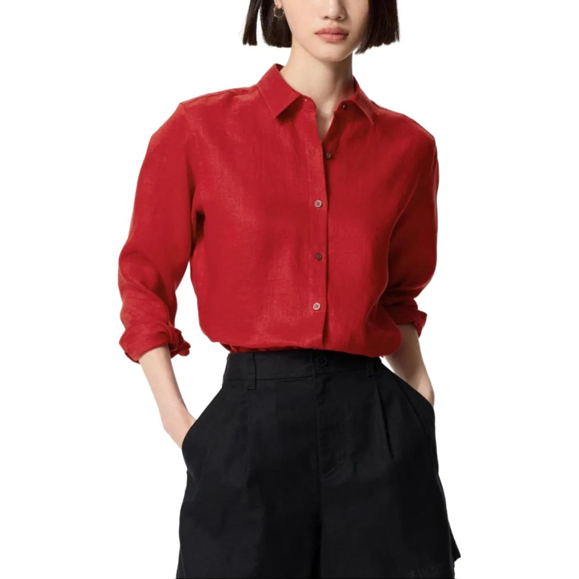 Рубашка женская Coral Red с отложным воротником тонкая UNIQLO