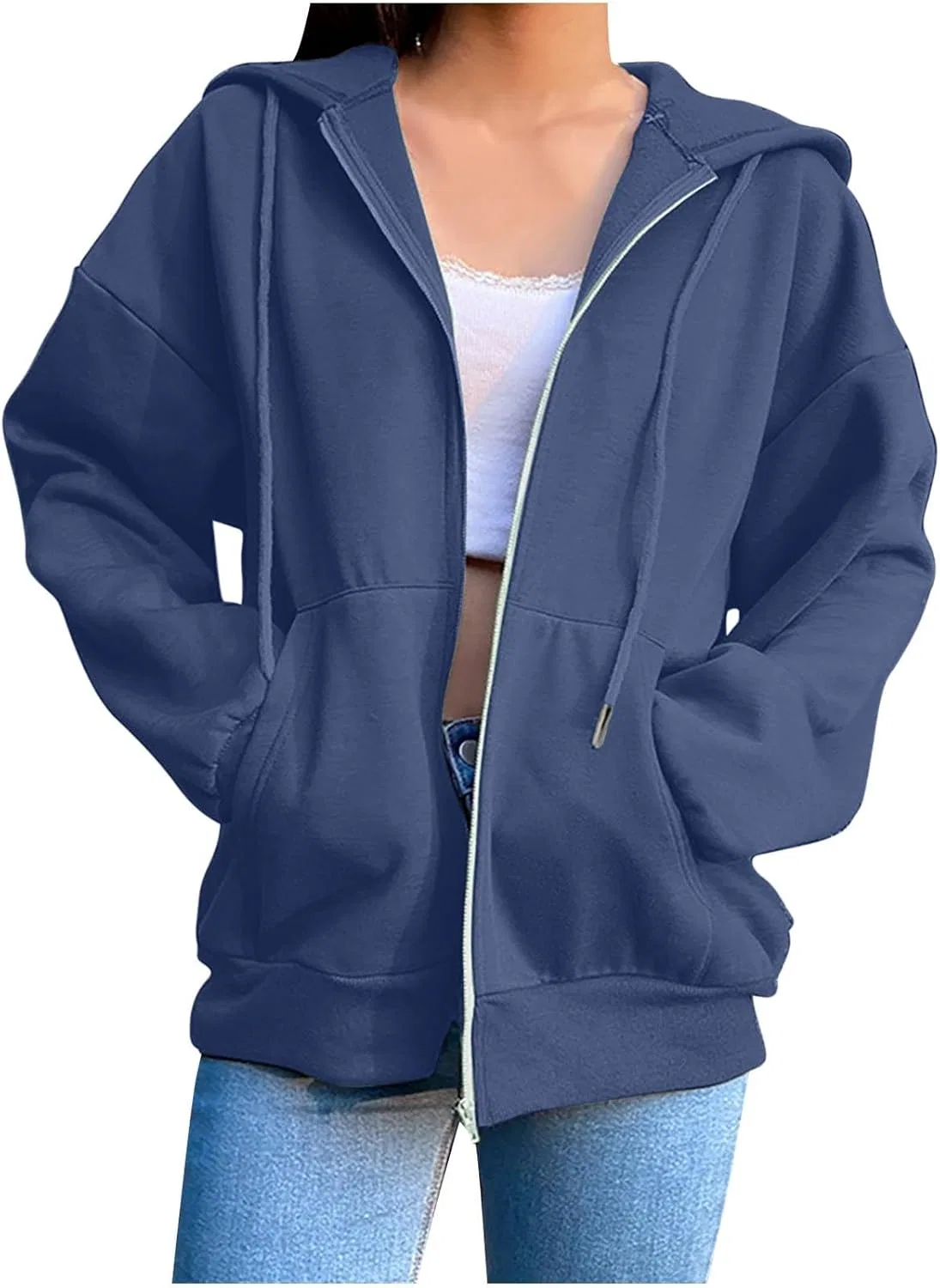 Женские худи и толстовки Generic Hoodies 2024: повседневная рубашка с длинным рукавом на молнии, флисовая куртка-худи, пальто, осенняя одежда с карманами, 01-темно-синий