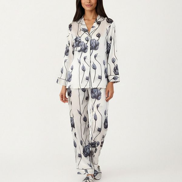 

Женский комплект из 2 предметов: пижамная блуза на пуговицах и брюки на резинке из цветного сатина Anna-Kaci, White