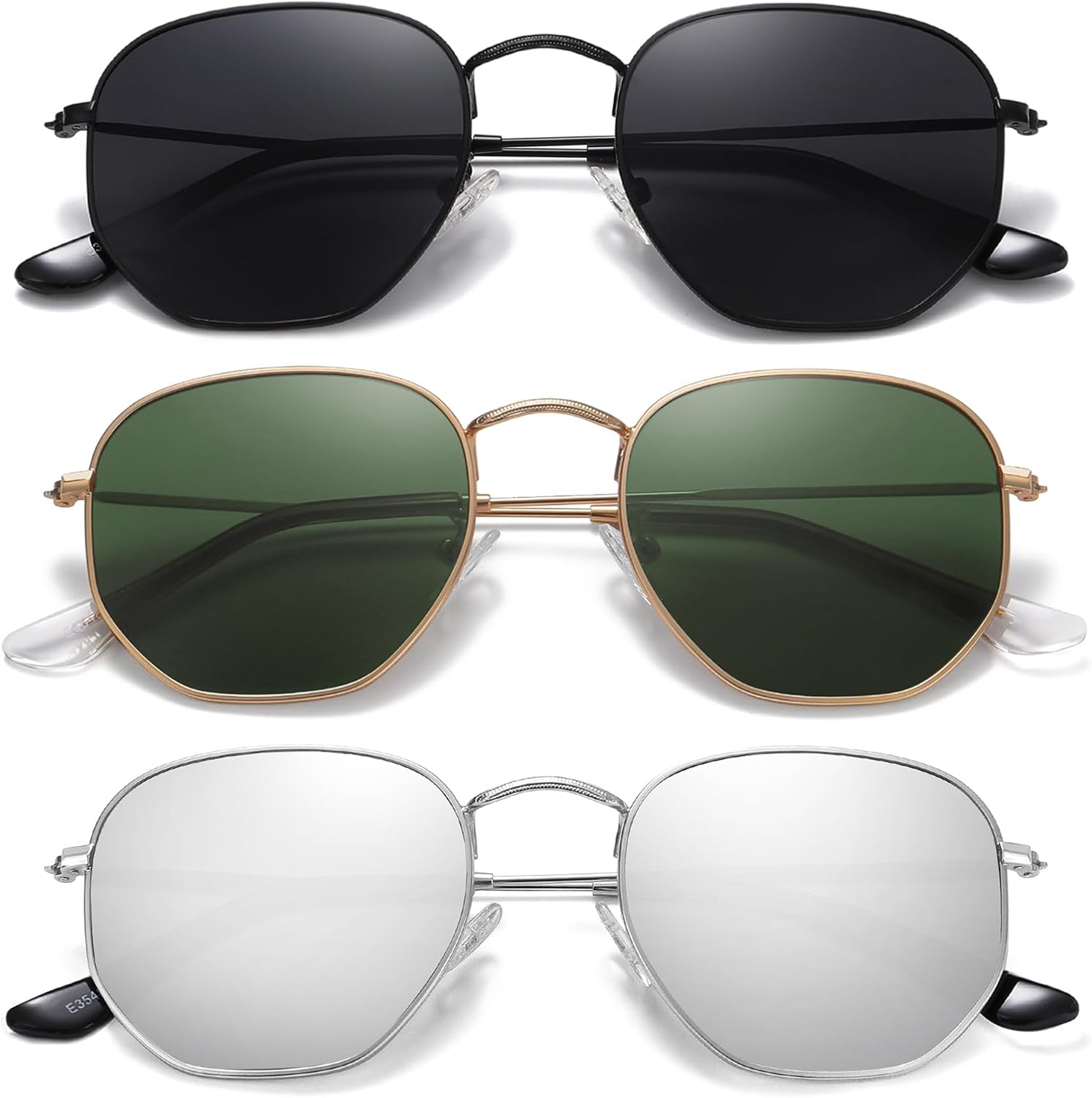 

Солнцезащитные очки MEETSUN с поляризацией, шестиугольной формы, для женщин и мужчин, многоугольной и квадратной формы, защита от УФ-излучения UV400, металлическая оправа, 3pack Black Gray+silver+gold Dark Green