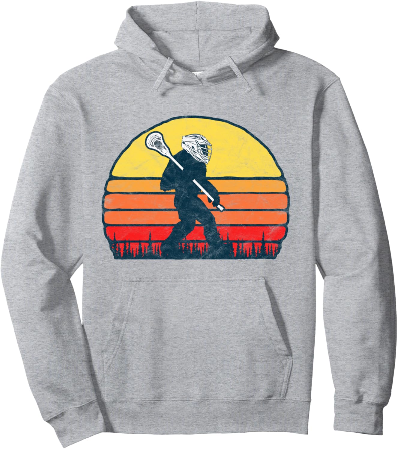 

Забавная толстовка с изображением Сасквоча, Бигфута и лакросса в винтажном стиле 80-х годов, закат Vintage Lacrosse Threads Co., серый