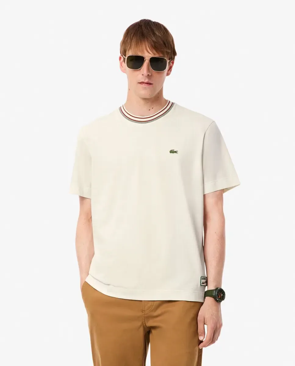 Футболка Lacoste мужская, с полосатым воротником, короткий рукав, белый