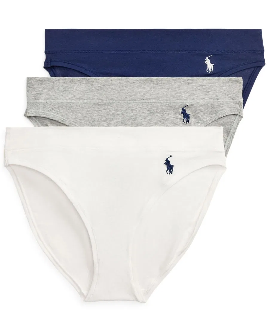 Женские хлопковые бикини-трусики Club, комплект из 3 штук Polo Ralph Lauren, белый/серый