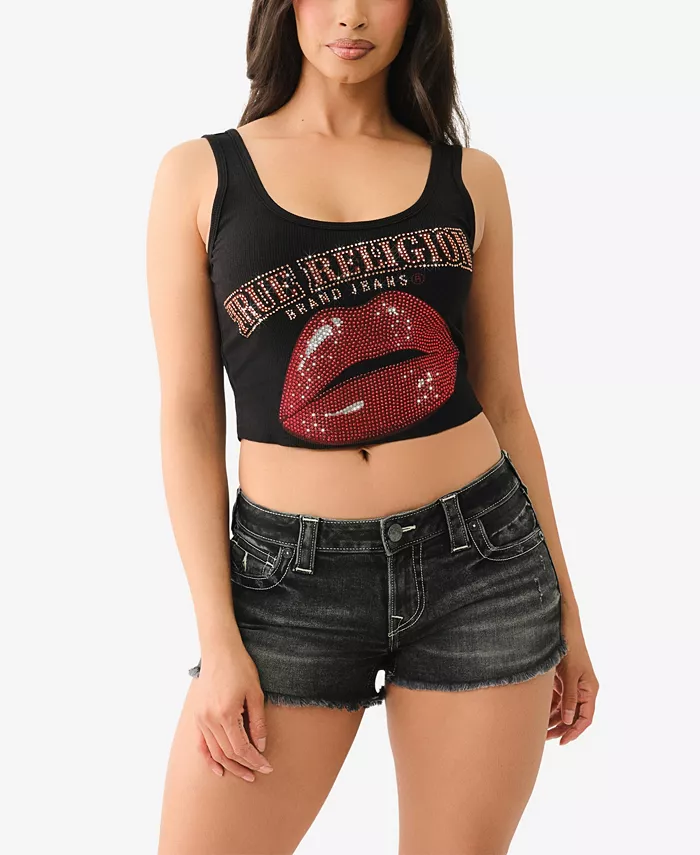 

Женская майка с кристаллами "Lips", асимметричным краем и круглым вырезом True Religion, черный