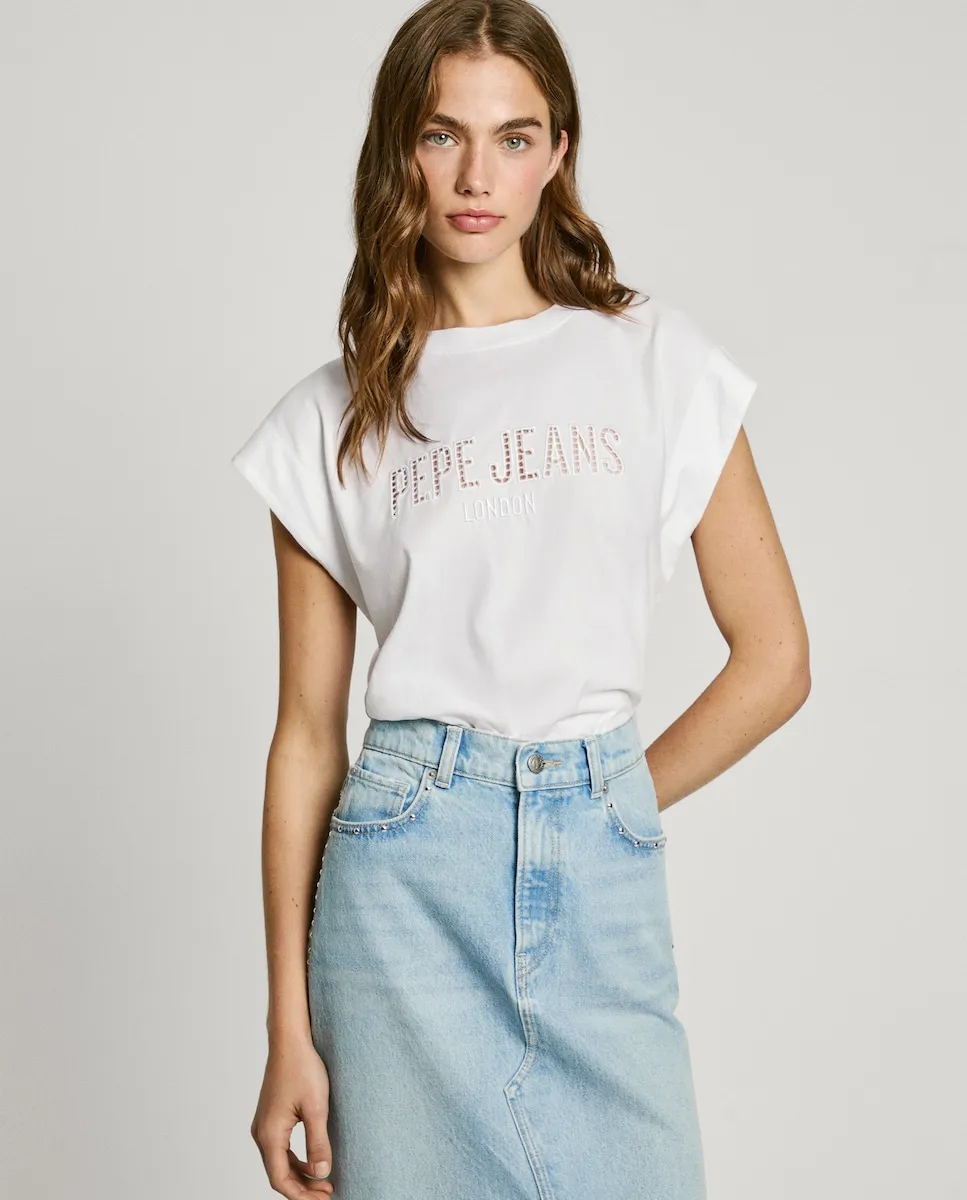 

Женская хлопковая футболка с ажурным логотипом Pepe Jeans, белый