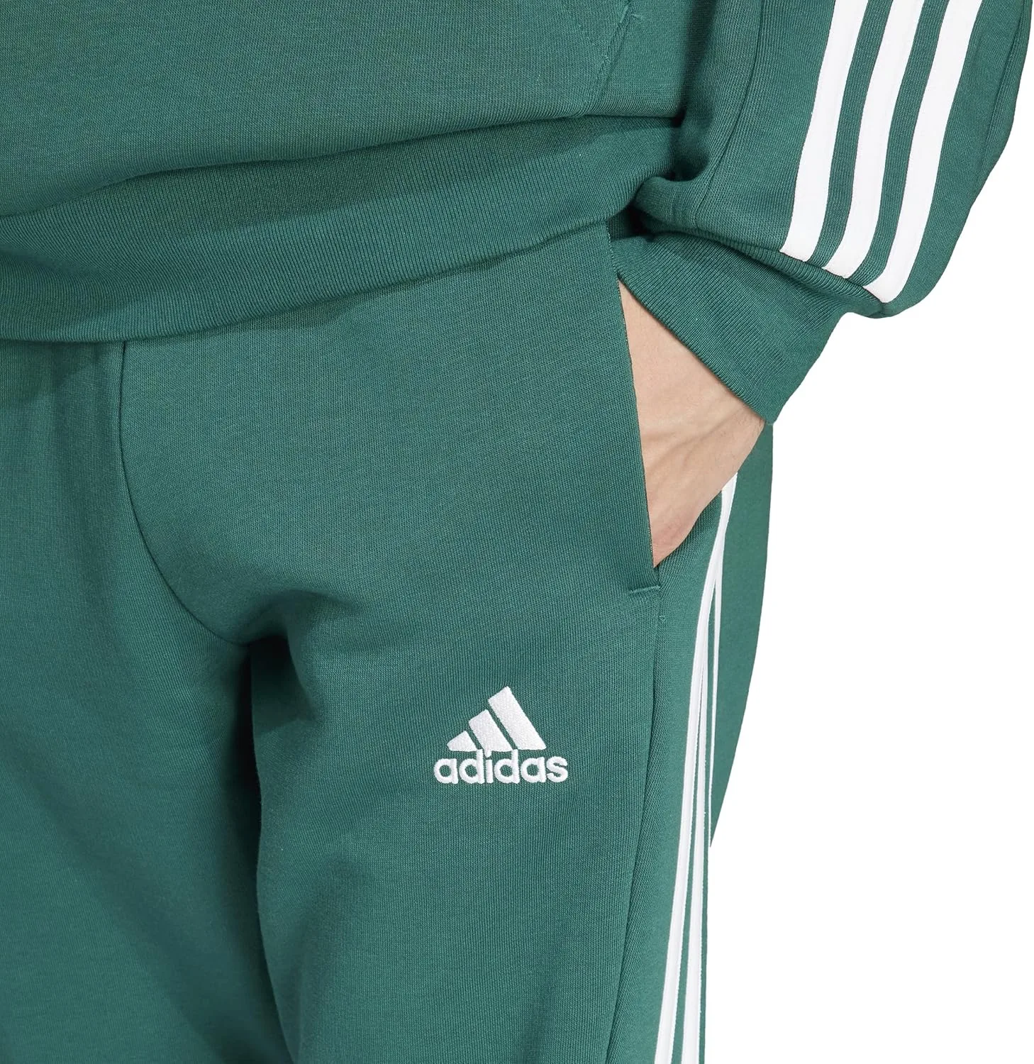 Мужские флисовые брюки Adidas Essentials с тремя полосками и зауженными манжетами, зеленый — фото 4