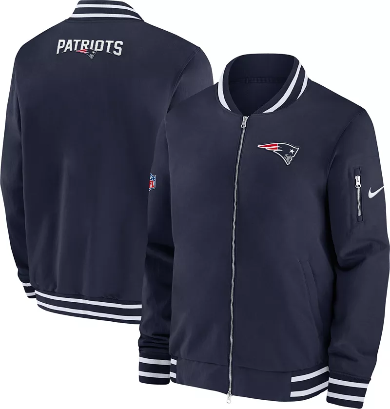 

Мужской темно-синий бомбер с молнией во всю длину Nike New England Patriots Sideline Coaches
