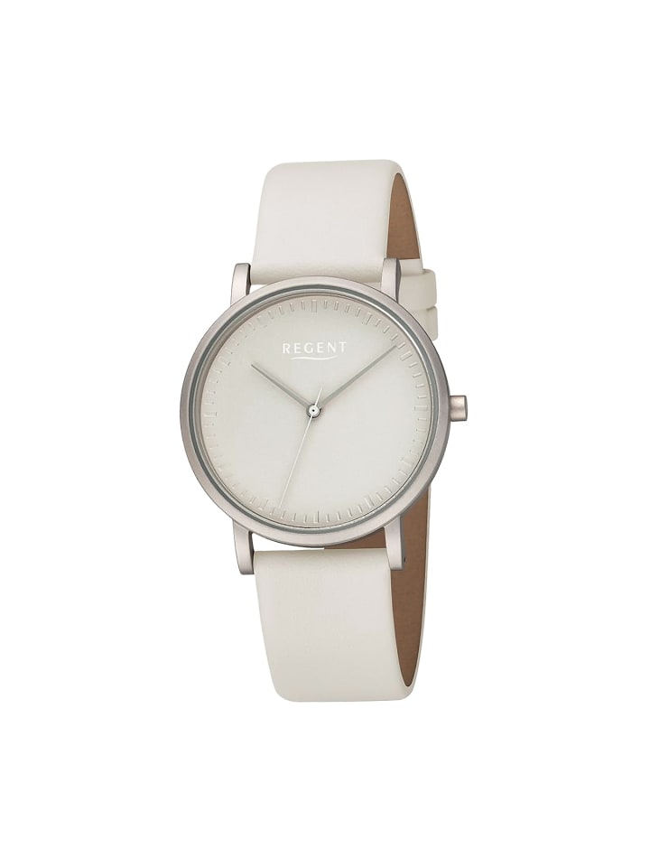 

Аналоговые наручные часы, бежево-белые, среднего размера (примерно 36 мм), кожаный ремешок Regent