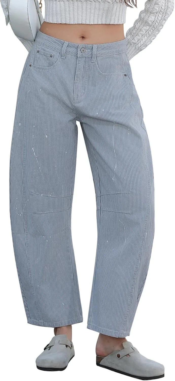 

Kedera Women Stripe Barrel Jeans Casual Denim Loose Wide Leg