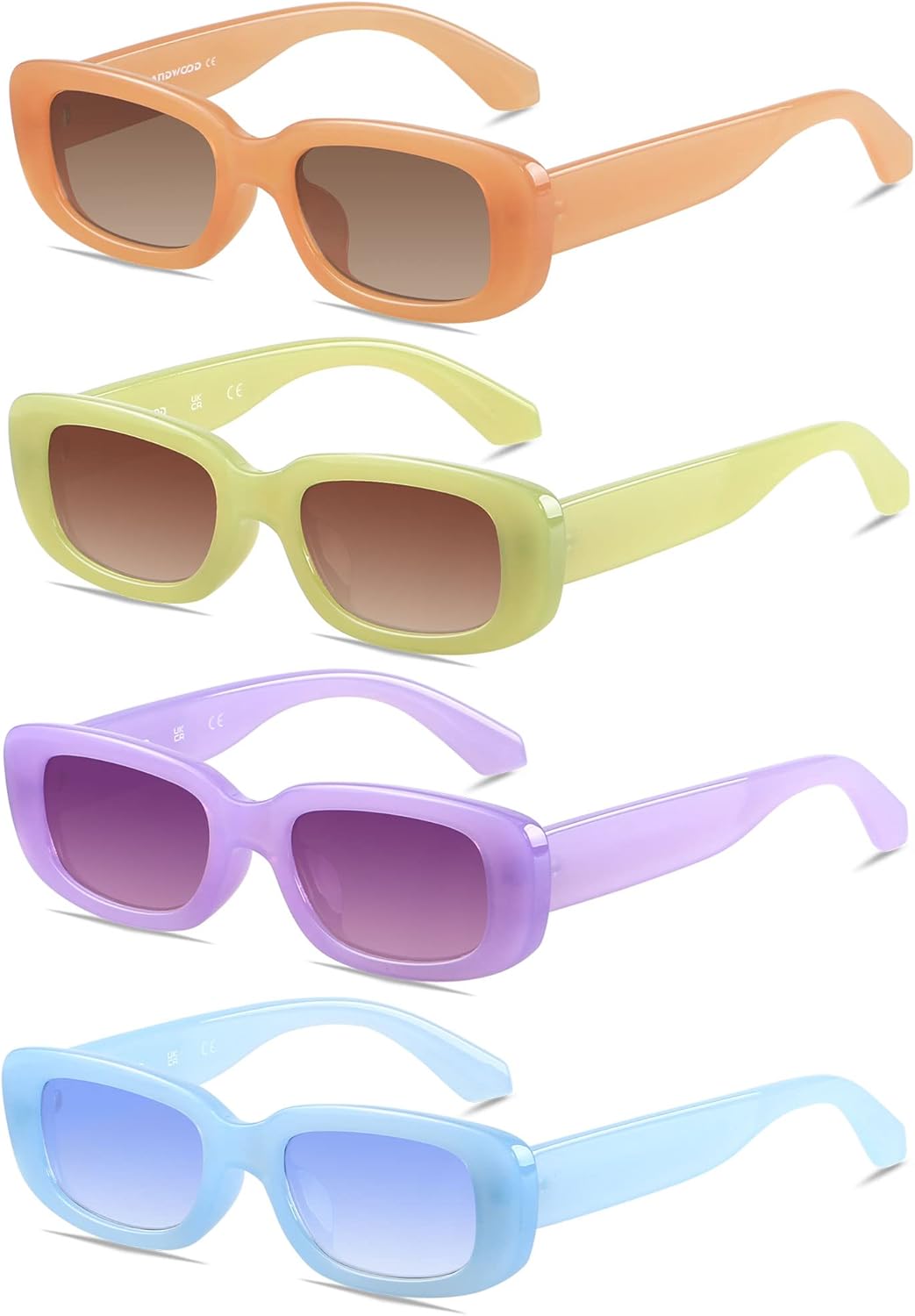 

Солнцезащитные очки ANDWOOD прямоугольной формы для женщин, квадратная оправа, модный ретро-винтажный стиль 90-х, защита от УФ-излучения, для маленького лица, (4pack) Nude + Green + Purple + Blue