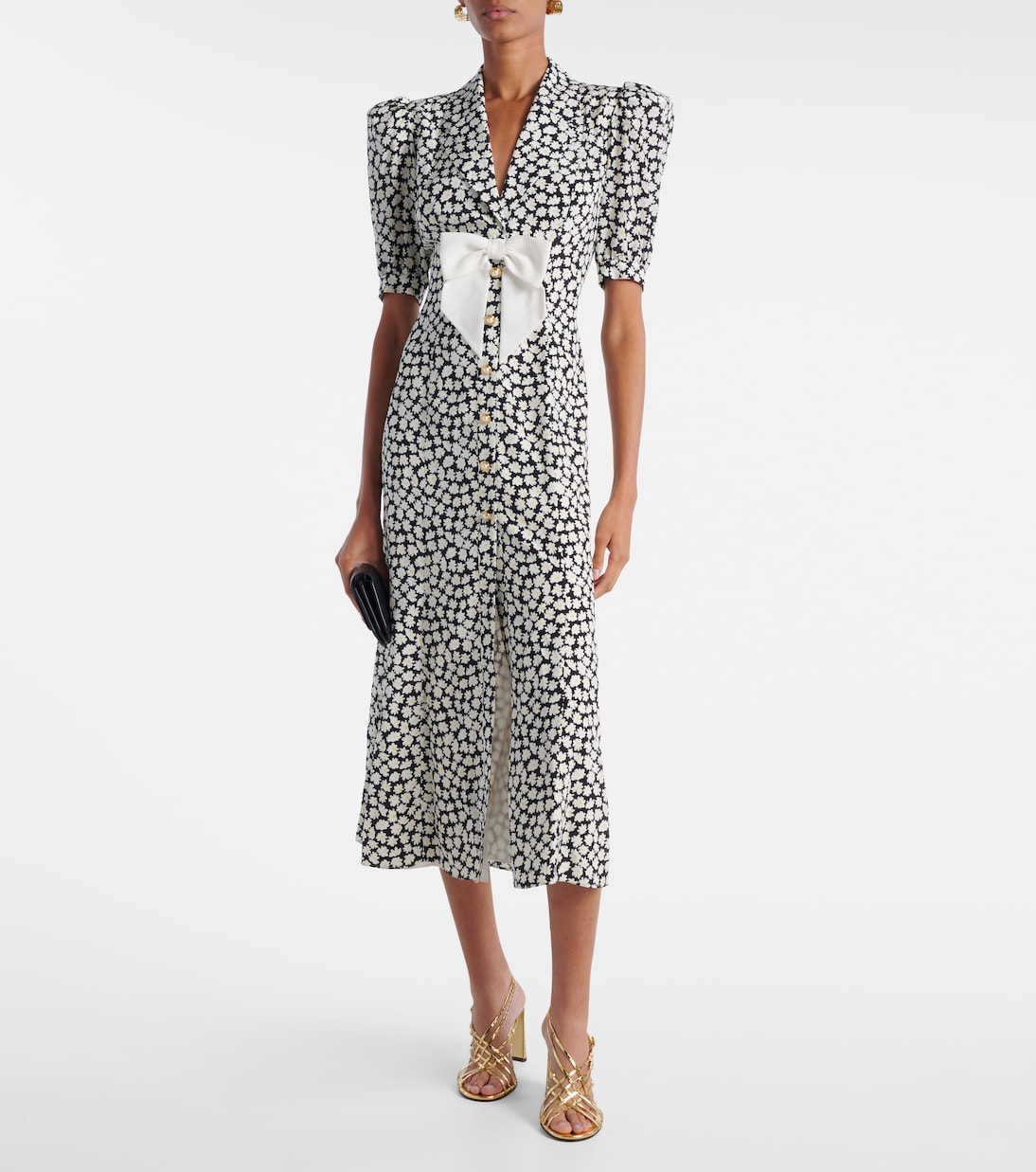 

Шелковое платье миди с цветочным принтом Alessandra Rich, Black-White