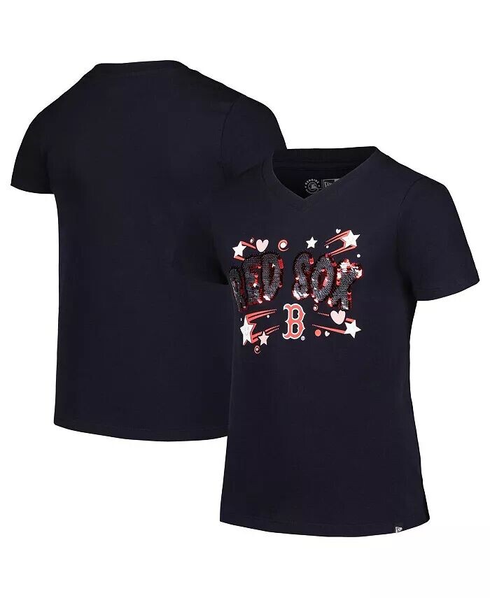 

Футболка Big Girls Navy Boston Red Sox с V-образным вырезом и пайетками New Era