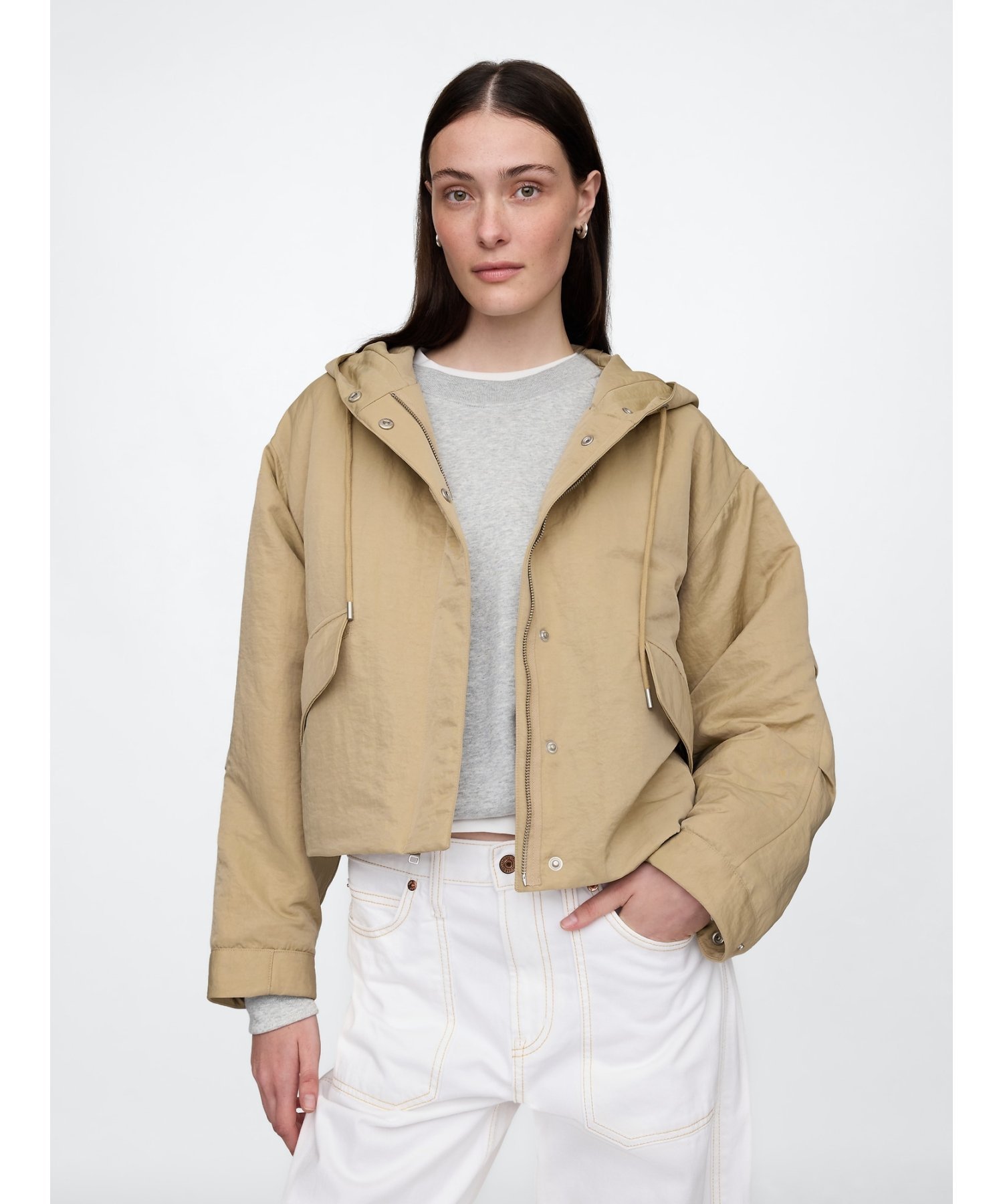 (W) Укороченная нейлоновая куртка с капюшоном GAP, KHAKI