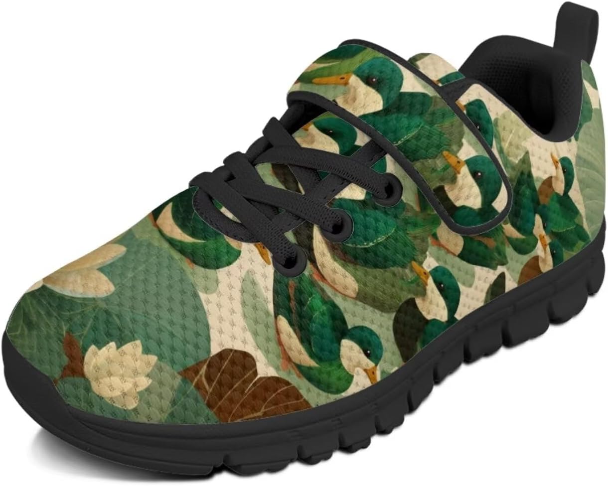 

Детские кроссовки Pointodoor с принтом радуги и пламени для мальчиков и девочек, прогулочные, нескользящие, легкие, дышащие, спортивные, для бега и тенниса, на липучках, Duck Hunting Camo