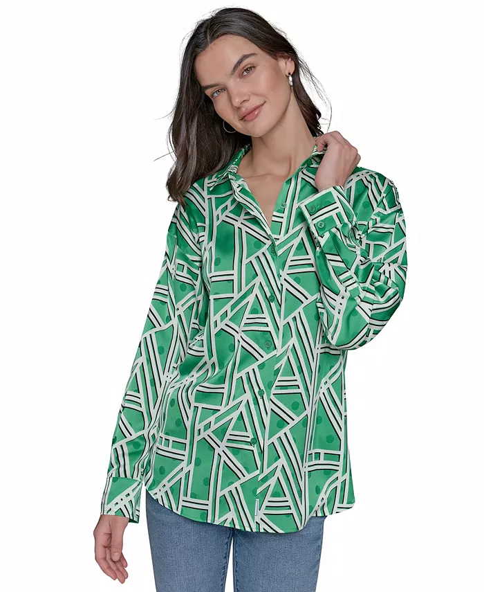 

Женская атласная блуза с геометрическим принтом и свободным кроем на пуговицах KARL LAGERFELD PARIS, зеленый