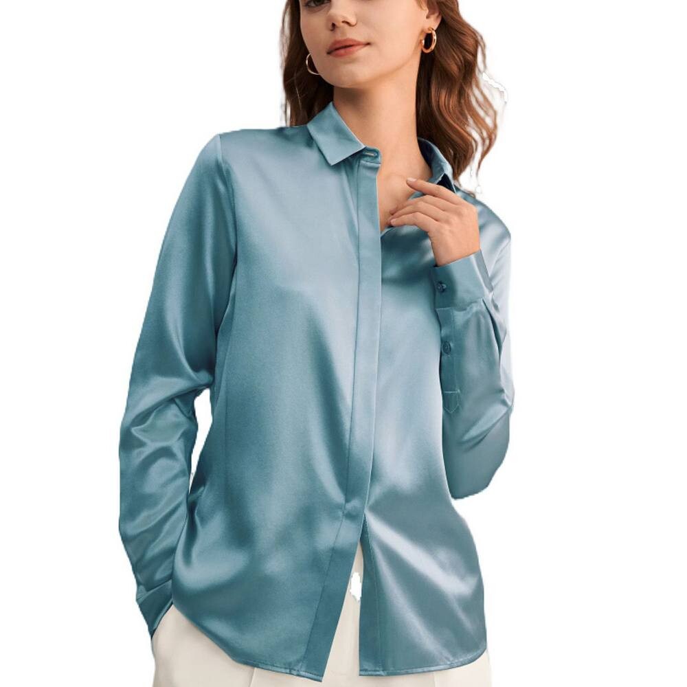 

Lilysilk Женская базовая шелковая рубашка со скрытыми планками, цвет Blue Haze