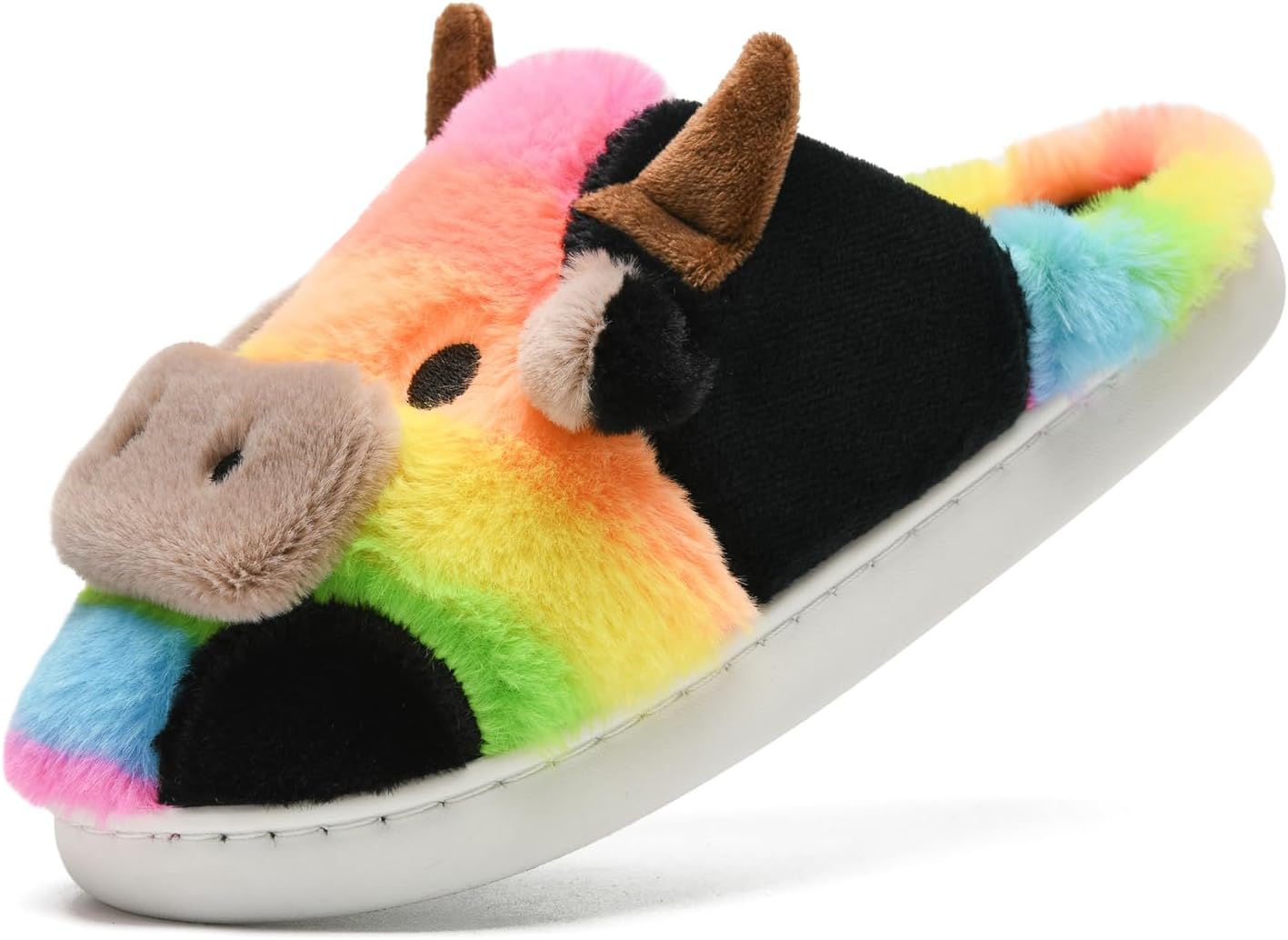 Домашние тапочки Sharllen Fuzzy Cow для детей, милые пушистые тапочки в виде коровы, детская обувь для девочек и мальчиков, мультяшные тапочки для дома, для использования внутри и на улице, Rainbow — фото 4