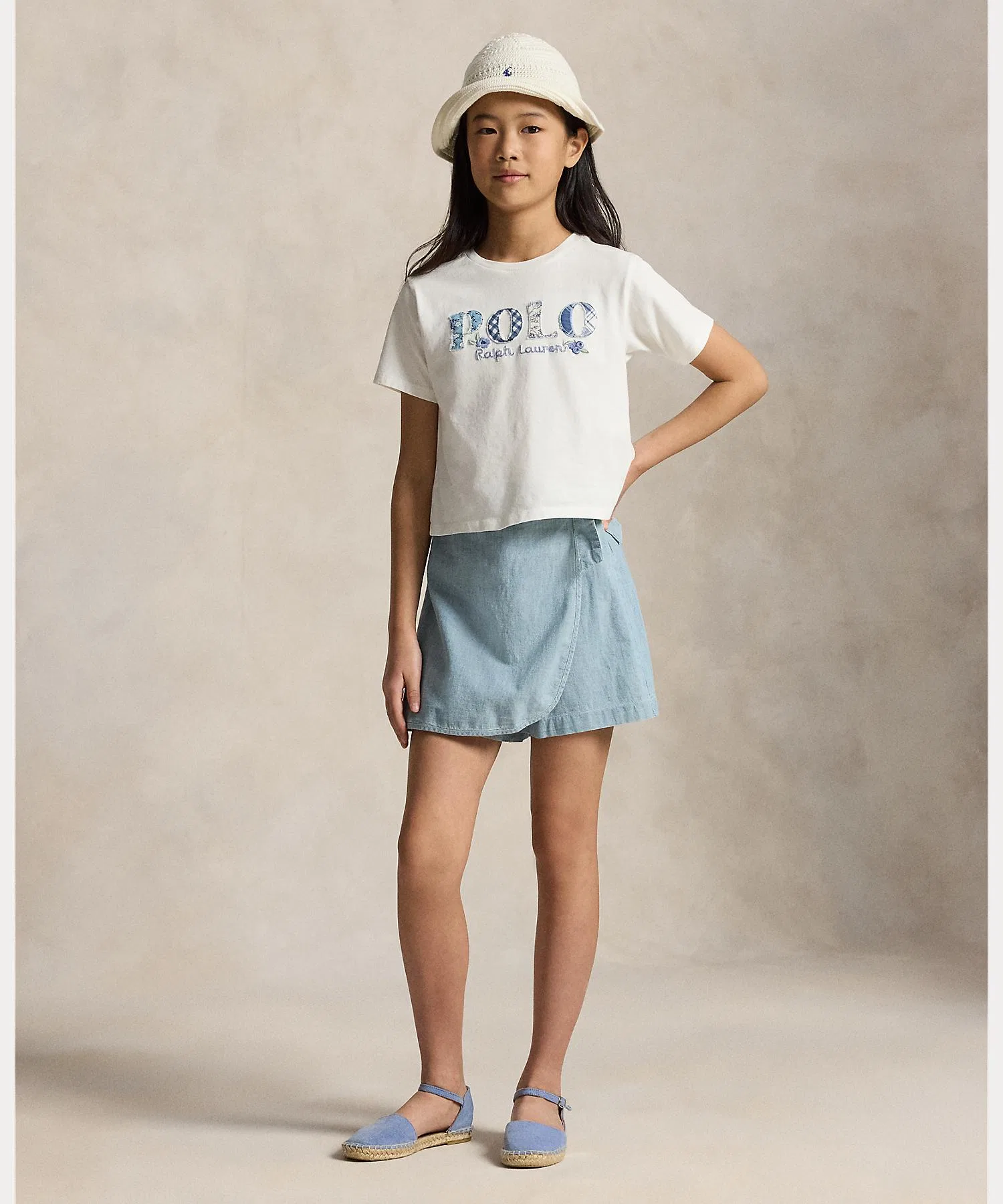 Детская хлопковая юбка-шорты Polo Ralph Lauren с вышивкой и поясом тёмно-синего цвета
