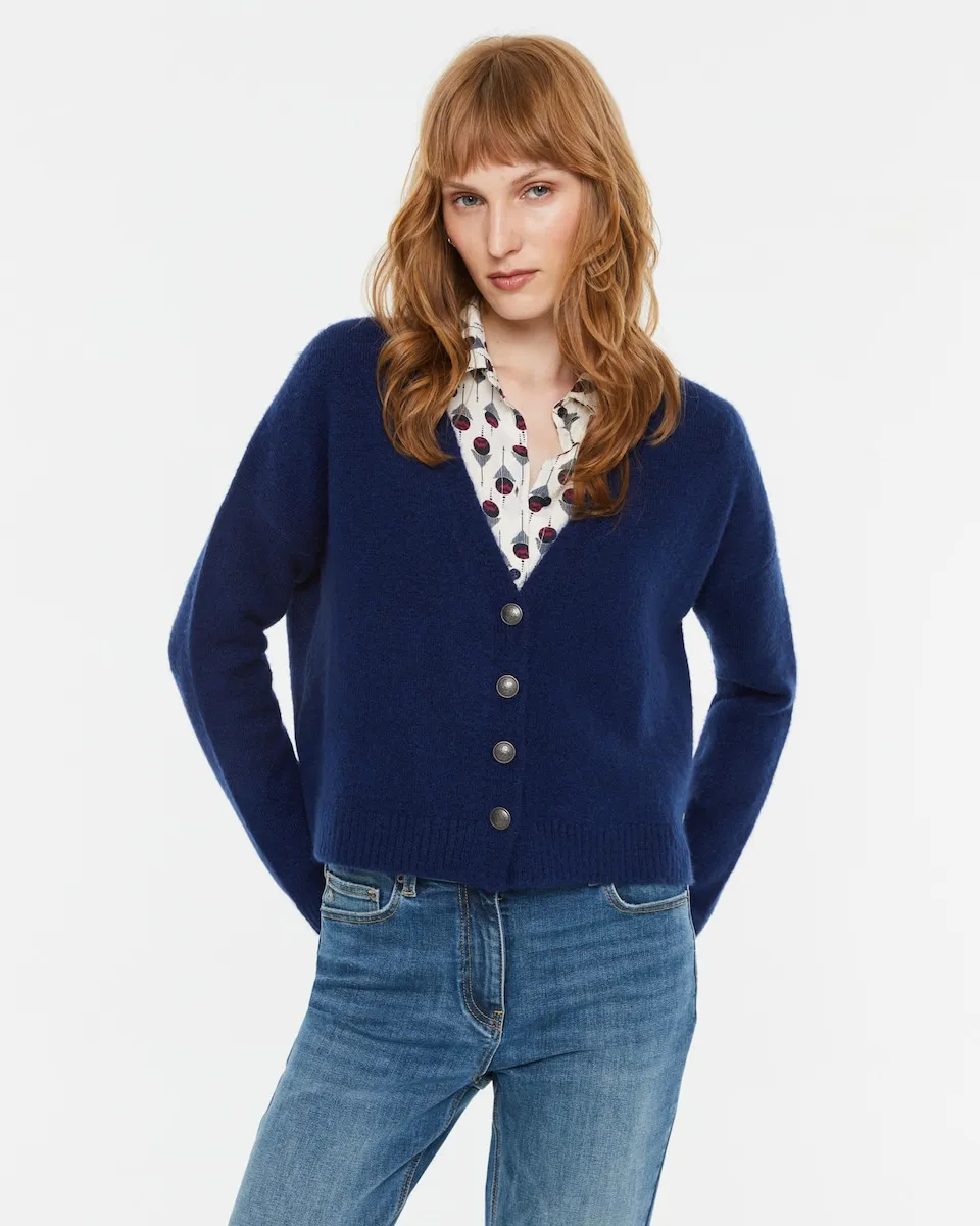 

Женский кардиган с V-образным вырезом из гладкой вязки Andam, темно-синий