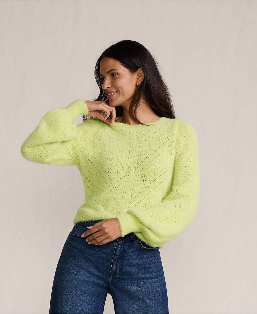 

Женский свитер с ажурными рукавами и пушистым узором реснички Lands' End, Iced lime green
