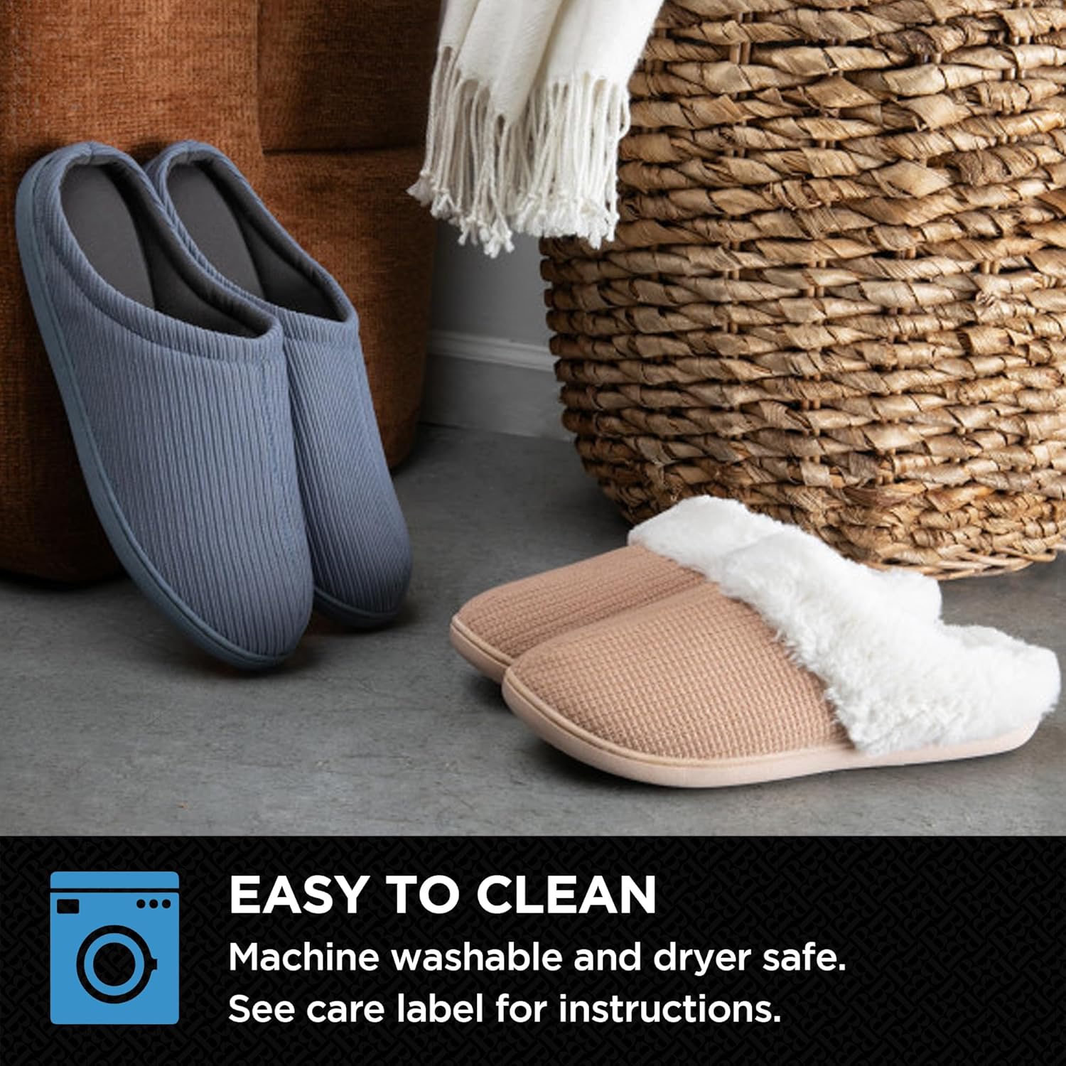 Мужские домашние тапочки Brookstone Classic Comfort с пеной памяти - теплые и удобные, мягкая плюшевая подкладка, подошва с противоскользящим эффектом, голубой — фото 4