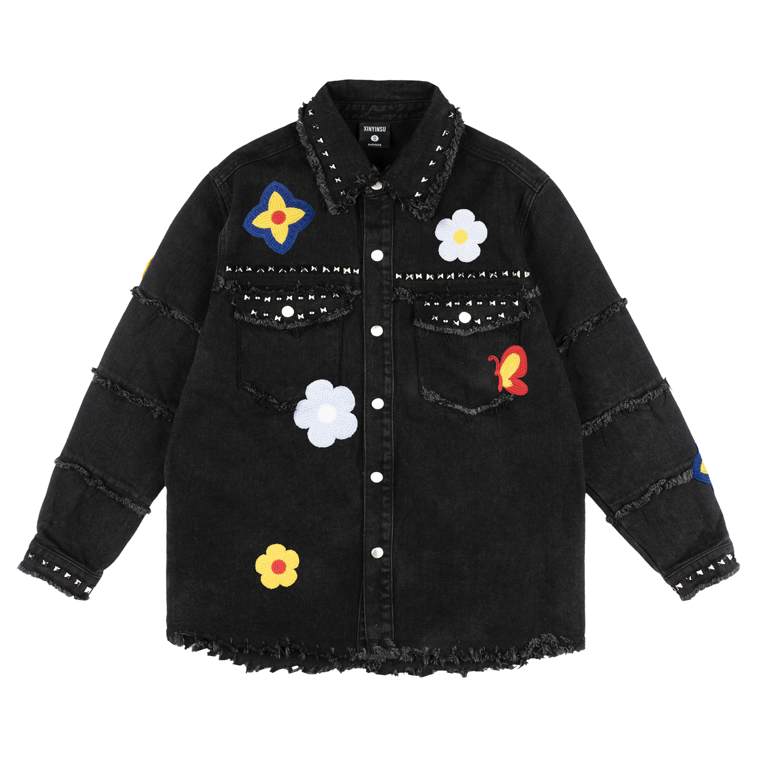 

XINYINSU Джинсовая куртка унисекс черная, Black Floral