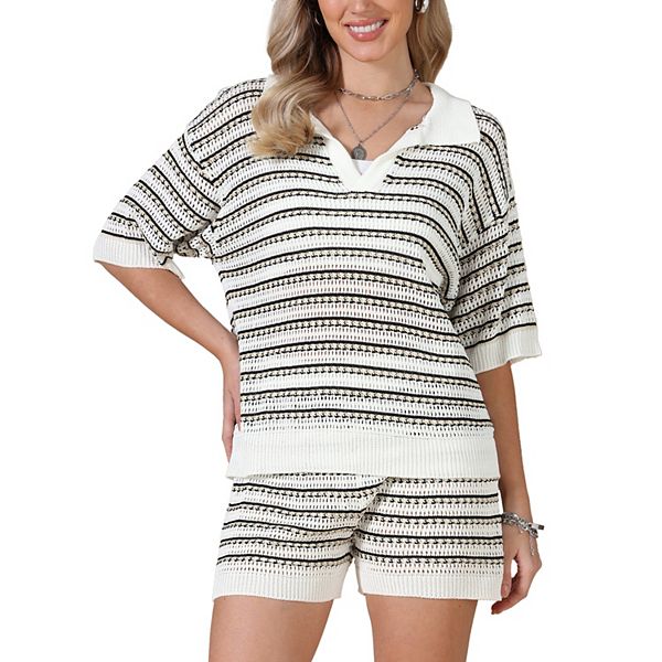 

Двухкомпонентный сет с кроп-топом и шортами для женщин, летний полосатый топ с v-вырезом и коротким рукавом, пляжный образ Inspire Chic