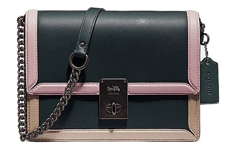 

Кожаная маленькая квадратная сумка через плечо на цепочке COACH, розовый, коричневый и черный мультиколор