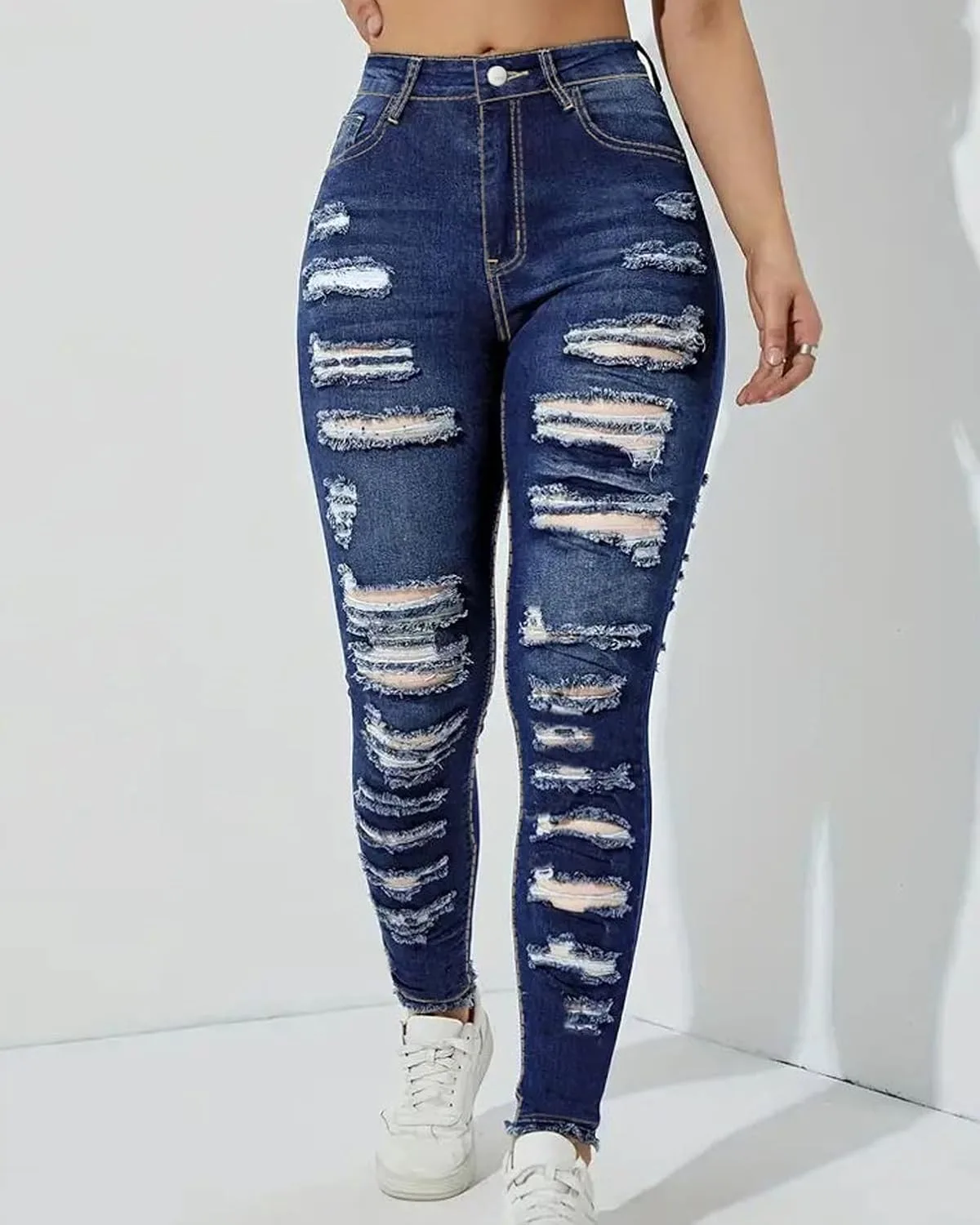 GPCHAN Женские джинсы с потертостями и разрывами High Waisted Stretch Skinny — фото 4