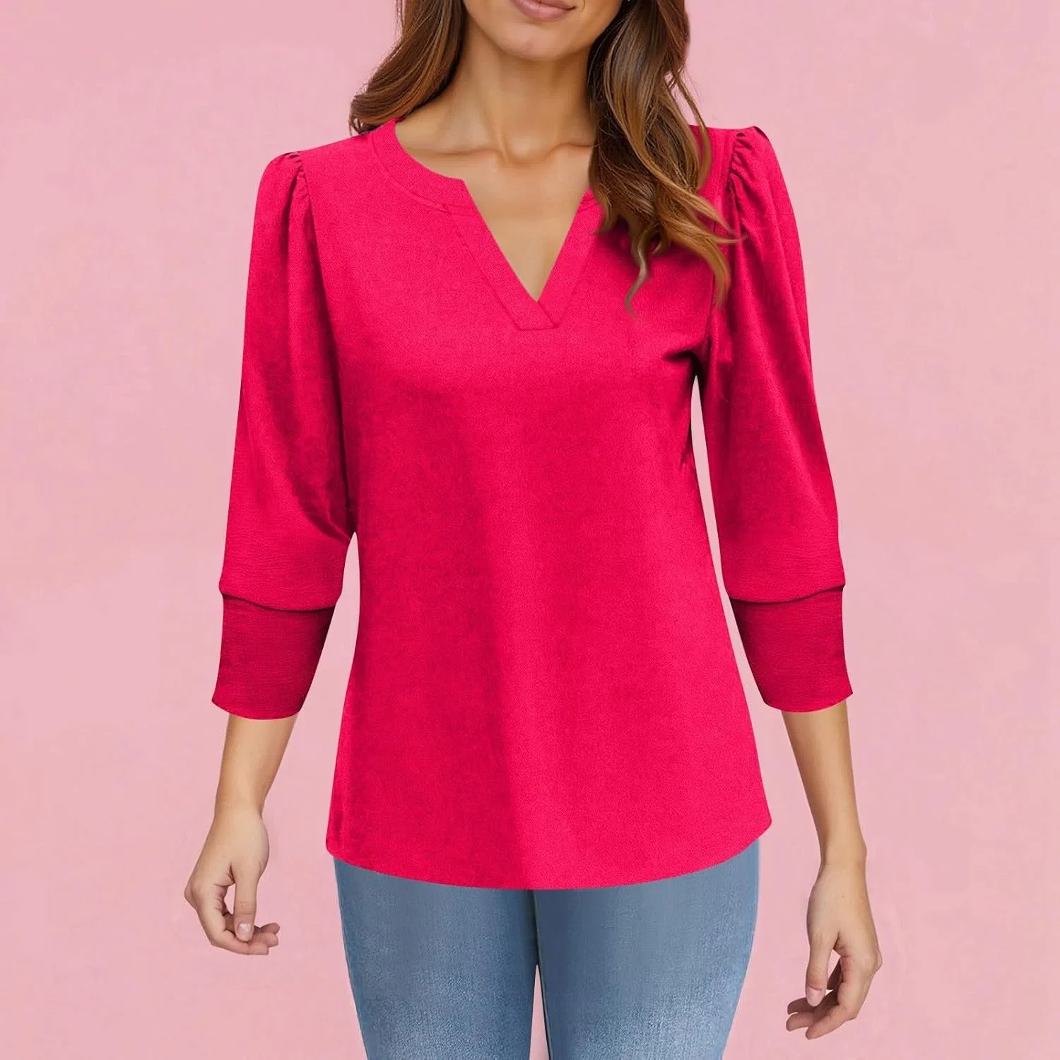 Блуза женская с V-образным вырезом, 3/4 рукав, 1-hot Pink — фото 2