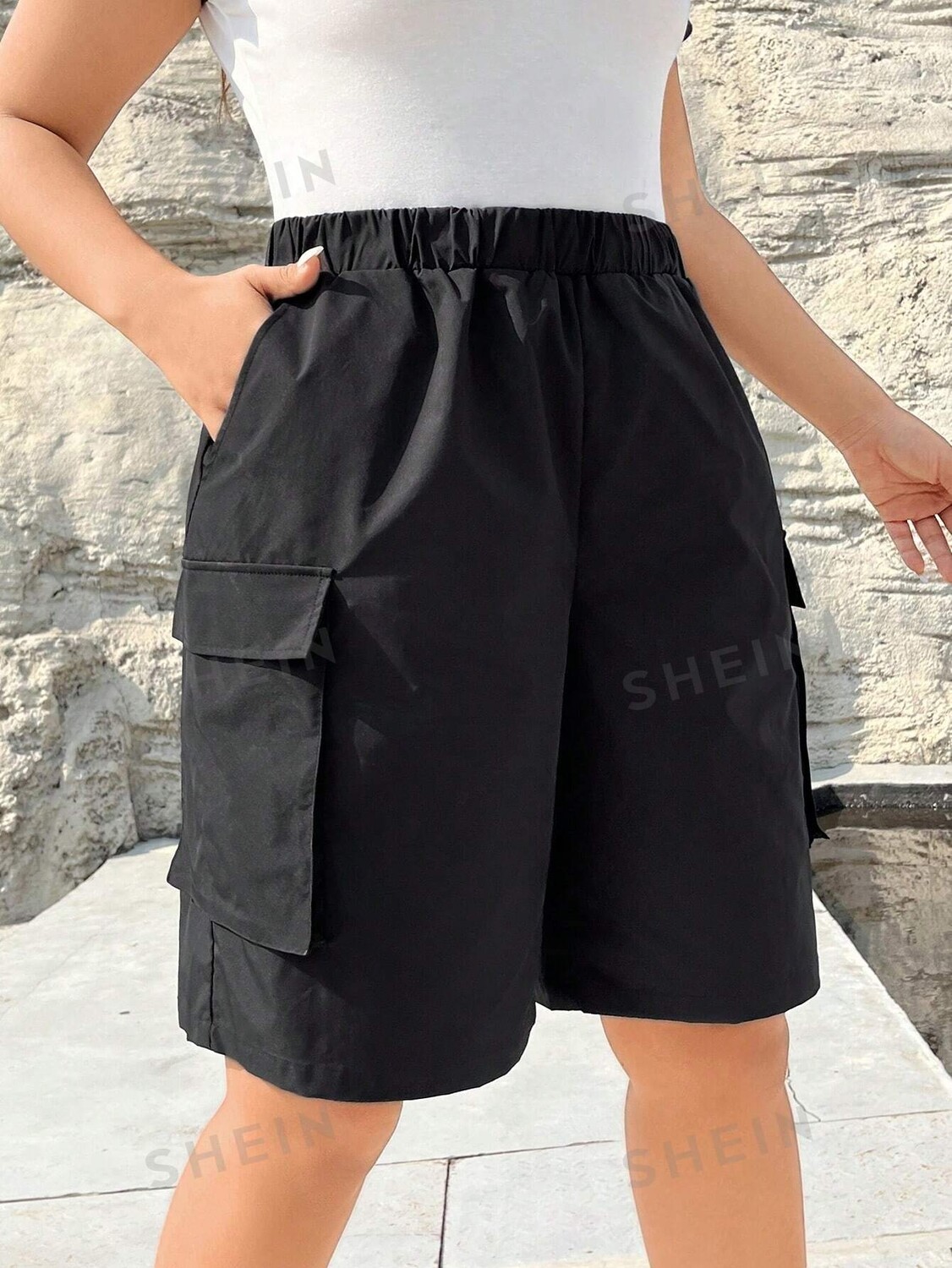 

EZwear Большие женские черные прямые шорты-брюки размера плюс Shein, черный