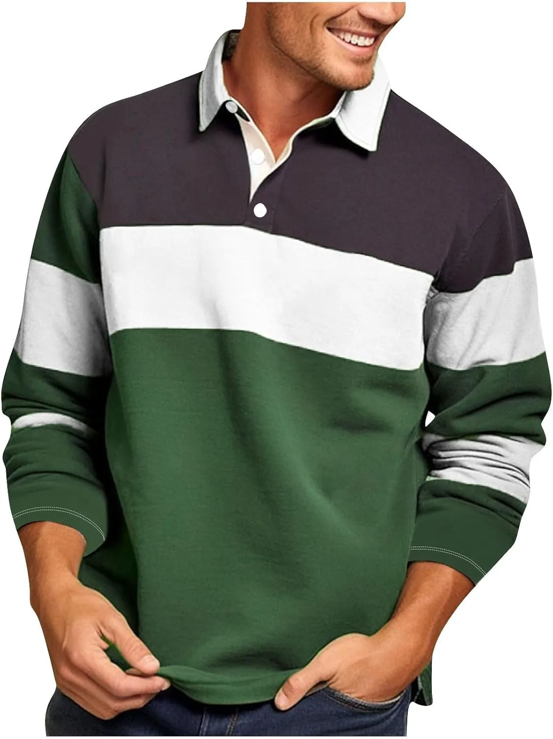 

Мужская модная поло с длинным рукавом цветной блок cotton pullover top casual 3 button collared Xiaojmake